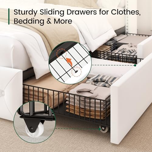 LARMACE King Size Bed Frame with LED Lights and 4 Storage Drawers Velvet Upholstered Platform Bed Frame with 47.2" Tall Tufted Headboard Wingback, No Box Spring Needed, Easy to Assemble, White