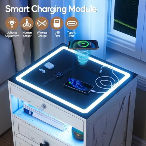 Smart Nightstand with Lockable Gun Drawer,Farmhouse Bedside Table with Charging Station and 3 LED Lights, Modern Night Stand with 3 Drawers,Glass Top End Side Table for Bedroom（White）
