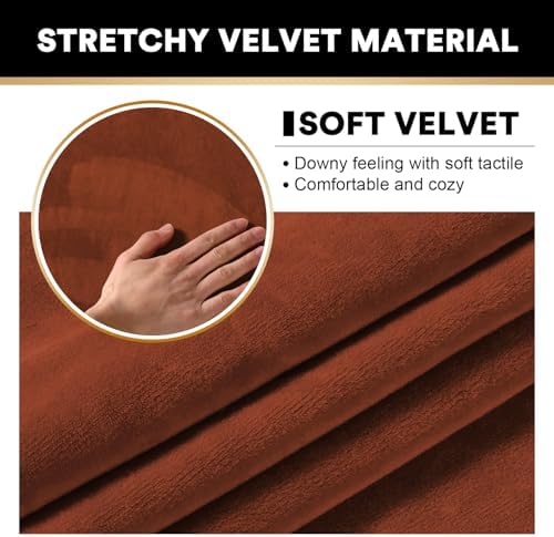 PrinceDeco Velvet Plush Couch Cover Stretch 2 Piece Chair Cover Chair Slipcover Washable Furniture Protector Couch Soft with Elastic Bottom Armchair Cover Width Up to 49 Inch(Small, Rust)
