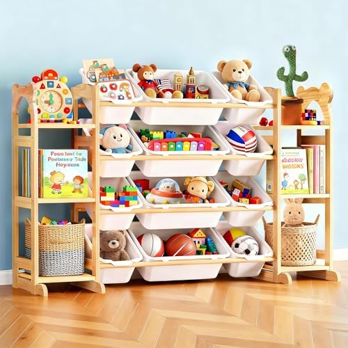 Toy Storage Organizer with 6 Shelves and 12 Bins, Toy Organizers and Storage Shelf with Bookshelf and Bookcase, Toys Box for Kids Room & Playroom & Bedroom & Nursery