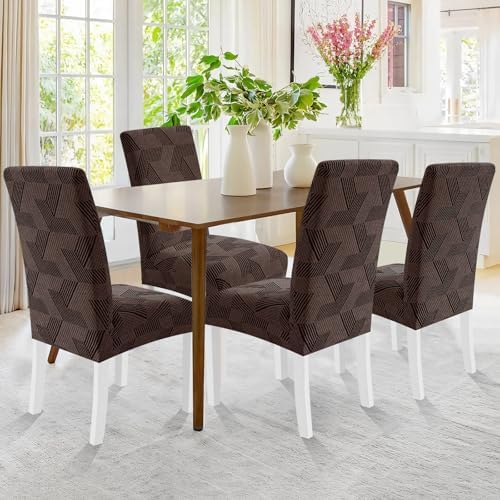 JIVINER Stretch Dining Chair Slipcovers Set of 2, Geometrical Jacquard Dining Chair Covers, Washable Kitchen Chair Covers for Dining Room, Hotel, Party, Brown