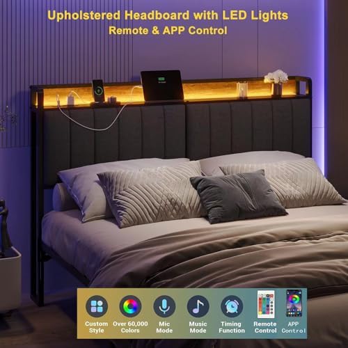 California King Size Upholstered Headboard with LED Lights & Charging Station, USB & Type C Port, Linen Upholstery, Cal King Headboard Only, Height Adjustable Attach Frame Sturdy and Stable