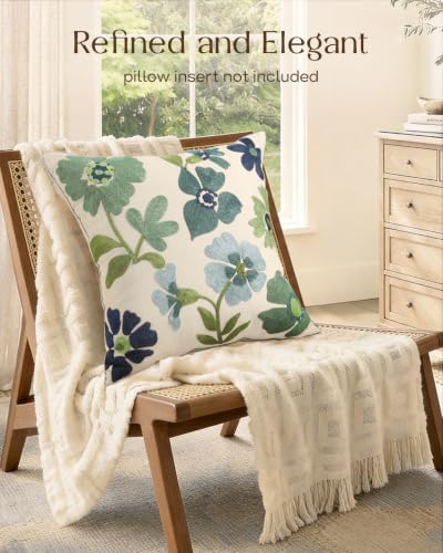 Embroidered Floral Throw Pillow Cover 20x20 Inch, Teal Flower