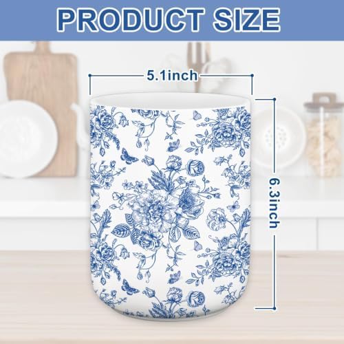 JarThenaAMCS Blue Floral Ceramic Utensil Holder Chinoiserie Kitchen Decor