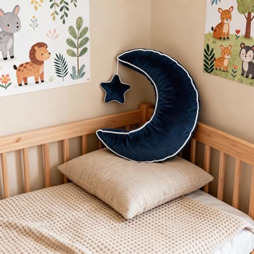Moon Pillow Decorative Throw Pillows with Soft Faux Velvet for Couch Cute Cushion for Bedroom Office Navy