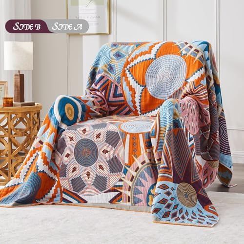 Boho Blanket Soft Muslin BohoThrow Blanket, 100% Cotton Floral Printed Farmhouse Decor All Season Reversible Rustic Throw for Sofa Couch Chair (Orange, 50"x60")