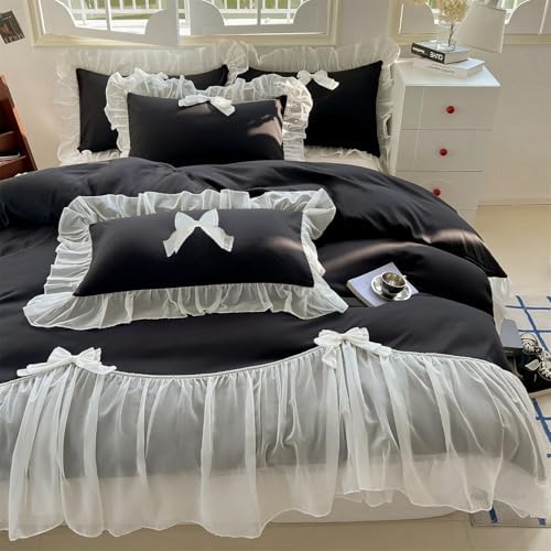 SOUKECHY Girls Lace Bedding,Queen Comforter Cover Set, Chic Ruffled Duvet Cover with Lovely Bow,Princess Style 1 Duvet Cover with 1 Pillowcases, No Comforter-Black,Twin Size