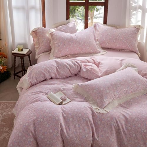 LifeTB Pink Floral Duvet Cover Twin XL, Muslin Cotton Romantic Ruffle Duvet Cover with 2 Pillowcases, Botanical Flower Soft Gauze Comforter Cover, Cottagecore Style Princess Lace Bedding Set