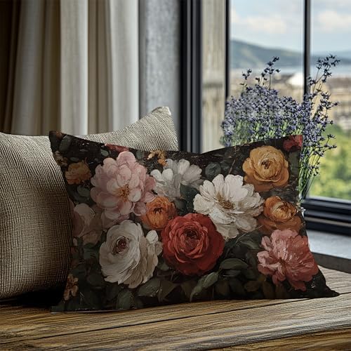 Vintage Moody Dark Floral Throw Pillow Covers 12x20,Rustic Farmhouse Decor,Dark Academia Flower Botanical Decorative Throw Pillow Covers for Home Bedroom Living Room Double-Sided