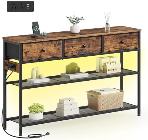 SONGMICS Console Table with Power Outlets and LED Lights, 3 Fabric Drawers