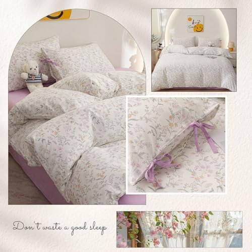 HighBuy 100% Cotton Duvet Cover Full,Pink Yellow Floral Bedding Comforter Cover French Style,Duvet Cover Set 2 Bowknot Bow Tie Pillowcases,Shabby Chic Bedding Duvet Cover Set