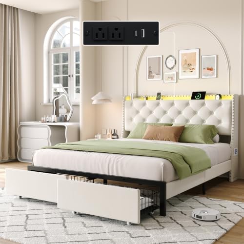 Full Size Upholstered Bed Frame with Headboard & 2 Drawers, Beige