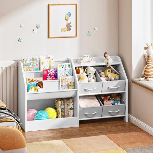 CHOEZON Kids Bookshelf with 3-Tier Oxford Fabric Slings and 4 Fabric Drawers, Toy Storage Organizer, Children's Bookcase, Toddler Bookshelf, for Kids' Room, Nursery, Bedroom, Playroom, White MCW19WB