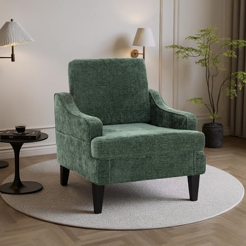 Accent Chair for Living Room,Mid-Century Arm Chair Chenille Fabric Living Room Chairs,Upholstered Reading Chair for Bedroom,Single Sofa Chair with Wood Legs for Apartment (Green)
