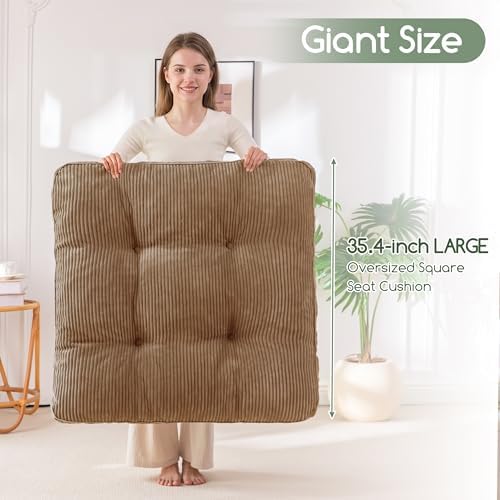 HIGOGOGO 35" Floor Pillow Cushion for Adults, Meditation Cushion Pillow, Extra Large Square Floor Sitting, Tufted Corduroy Cover for Tatami Living Room or Yoga, Coffee