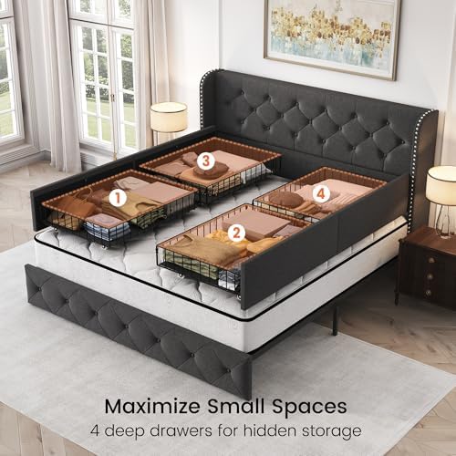 LARMACE Upholstered Queen Size Bed Frame with 4 Storage Drawers and 47.2" Tall Wingback Headboard Tufted Platform Bed Frame Linen Beds with Wooden Slats Support, Easy Assembly, Dark Grey