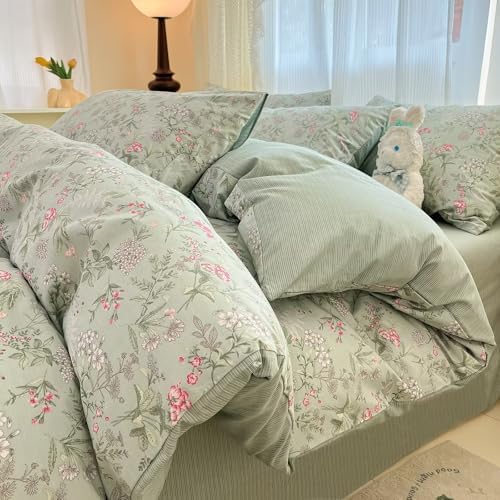 Green Floral Duvet Cover Full Size 100% Cotton,Rustic Cottagecore Duvet Cover with 2 Pillowcases,Soft Breathable Aesthetic Quilt Covers with Zipper Full Size 80"×90"