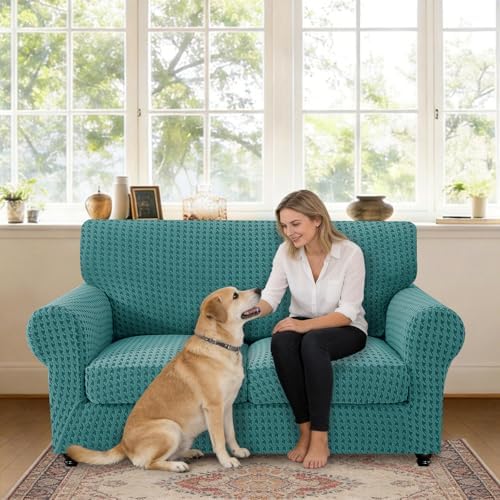 MAXIJIN 3 Pieces Stretch Sofa Covers for 2 Cushion Couch Loveseat Cover for Dogs Washable Love Seat Sofa Slipcovers Thick Soft Furniture Protector with Non Slip Strap (Peacock Blue, 55"-69")
