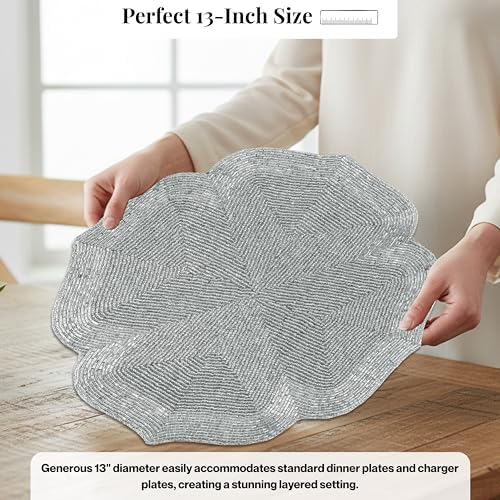 ALPHA Living HOME Silver Beaded Placemats Set of 2 Handmade Dining Mat Pair
