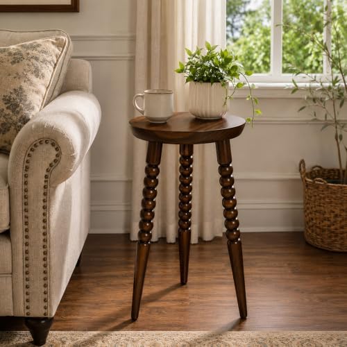 Solid Wood Side Table, 23.6" Tall Round End Table, 11.8" Pedestal Drink Table, Accent Table,Mid Century Modern Plant Stand Small Stool for Living Room, Bedroom, Bathroom, Dark Walnut