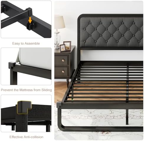 Einhomn Queen Size Bed Frame with Linen Tufted Headboard, Heavy Duty Metal Platform Bed Frame with U-Shaped Foundation, 12" Underbed Space, Noise Free, No Box Spring Needed, Easy Assembly, Dark Grey