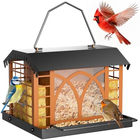 Bird Feeders for Outdoors Hanging, Metal Bird Feeder with Double Suet Cage Weatherproof Metal Roof, 3.5Lbs Large Capacity Great for Attracting Finch Cardinal Chickadee Wild Birds, Pinecone Brown