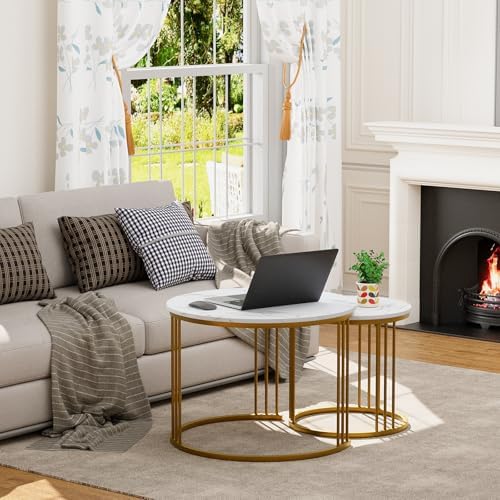 Garden 4 you Coffee Table Faux Marble Nesting Table for Small Place 2 Sets Modern Furniture Living Room Sets End Side Table Night Stand for Bed Room Dining Room (White & Gold)