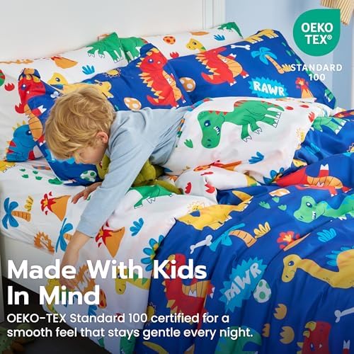 Joiedomi Kids Comforter Set Bedding Set for Boys Girls Super Soft Microfiber Bed in a Bag with Comforter Sheets Pillowcase Sham, Dark Blue Cute Dinosaur, Full