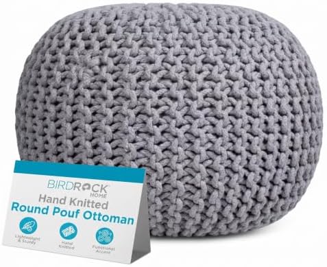 BIRDROCK HOME Round Pouf Ottoman Foot Rest - 18.5”x18.5”x15” Boho Compact Comfortable Soft Cotton Braided Foot Stool with Bean Bag Filling for Living Room, Bedroom, or Nursery (Light Gray)
