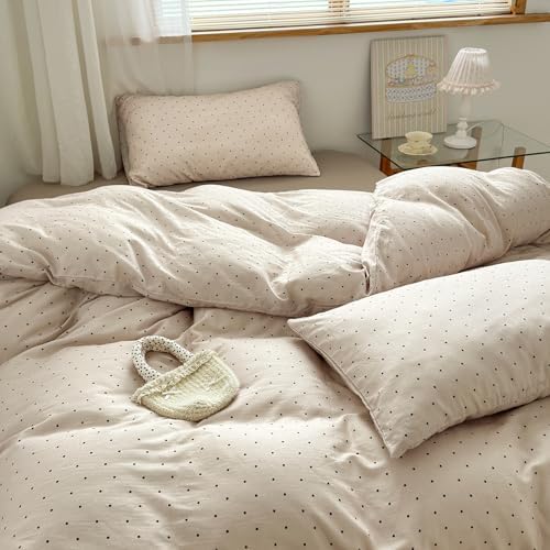 LifeTB Polka Dot Duvet Cover Set Queen, 100% Muslin Cotton Khaki Duvet Cover with Cute Dot Pattern, Breathable Soft Gauze Comforter Cover, Aesthetic Lightweight Bedding Set for All Seasons