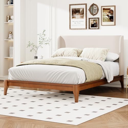 GDFStudio Ceyety King Size Wingback High Headboard, Upholstered Linen Fabric Headboard, Bamboo Wood, Easy Assembly, 48''H, Tan