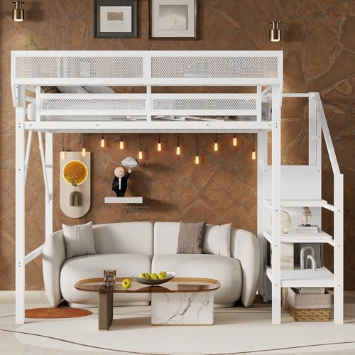 Twin Size Metal Loft Bed Frame with Convertible Staircase, White