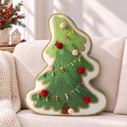 AELS Christmas Tree Pillow with Colorful Pom-pom, 16" Decorative Holiday Pillow, Embroidered Holiday Throw Pillows for Decor, Plush Tree Shaped Decorative Pillows for Living Room Bedroom Sofa, Green