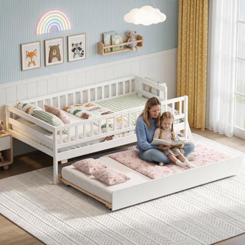 KOMFOTT Twin Bed Frame with Trundle & Bookshelf, Trundle Bed for Kids,White