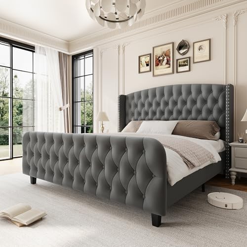 GarveeHome 51" Tall Queen Size Bed Frame with Wingback Headboard, Grey