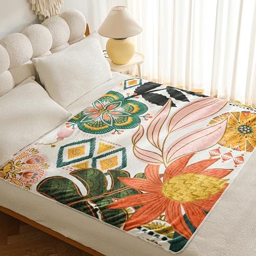 Tyrot Boho Floral Flannel Fleece Throw Blanket – Soft, Warm & Lightweight Fuzzy Blanket for Couch, Bed, or Sofa Decor, Cute Botanical Design for Women & Girls, 50''x60''