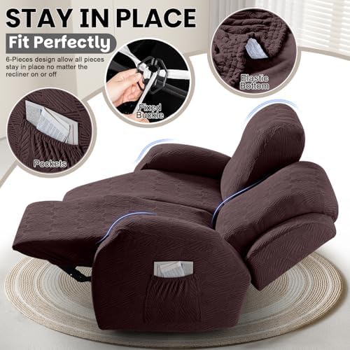 VANSOFY Stretch Recliner Loveseat Cover, 6-Pieces Slipcover, 2 Seat,Dark Coffee
