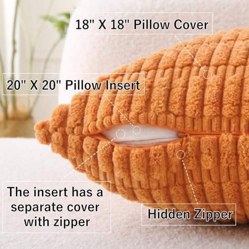 2 Pack Corduroy Decorative Throw Pillow with Inserts, 18x18 Inch Soft Boho Throw Pillow, Square Striped Throw Pillows for Couch, Bed, Sofa Decor