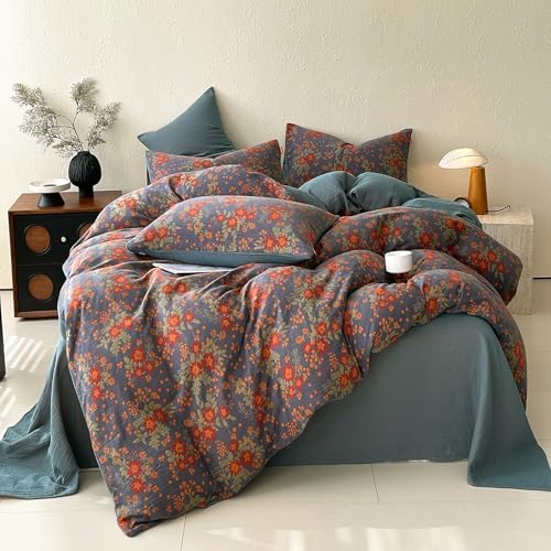 HighBuy Aesthetic Brunt Orange Floral Duvet Cover Set King,100% Muslin Cotton Soft Durable Reversible Coquette Gauze Bedding Set,Vintage Floral Bedding Set,Duvet Cover with 2 Pillowcases