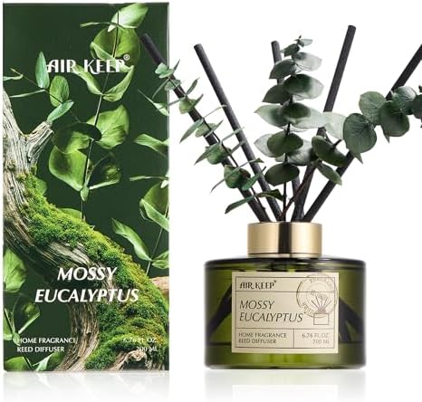 Airkeep Reed Diffuser Set with 6.76 fl oz Moss Eucalyptus Scent Essential Oils and 3 Leaves & 8 Diffuser Sticks,Bathroom Shelf Decor & Air Freshener, House Bedroom Office Decor & Gifts