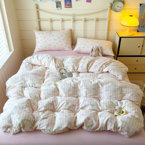 Girls Striped Duvet Cover Set 100% Cotton Queen(90"x90"),Pink Fish