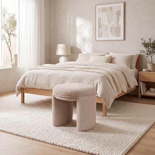Boucle Ottoman, Round Sherpa Vanity Stool Chair, 17" Small Upholstered Modern Teddy Footstool for Makeup, Living Room, Entryway, Bedroom, Dark Beige