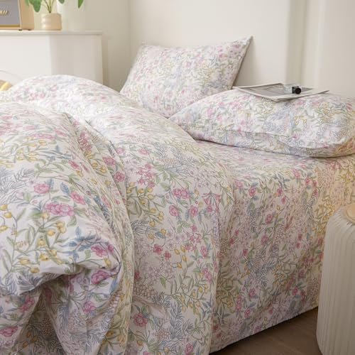 HighBuy Pink Floral Duvet Cover King,Durable 100% Cotton Comforter Cover Sets,Breathable Cottagecore Botanical Flowers Pattern Bedding Set for Women Girls,1 King Duvet Cover and 2 Pillowcases