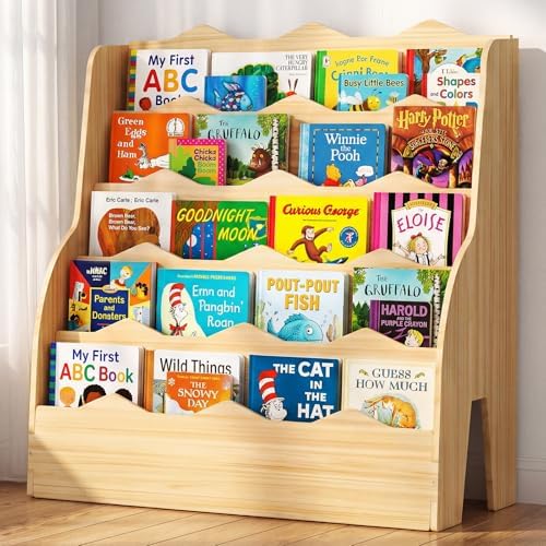 5-Tier Kids Bookshelf Montessori Wooden Bookcase Front-Facing Organizer