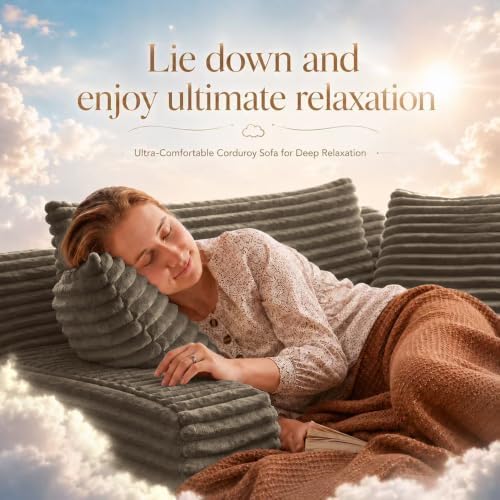 66" Chaise Lounge Chair Indoor, Corduroy Upholstered Reading Chair Oversized Boneless Chair with Deep Seat, Cloud Lounge Chair with 3 Pillows for Living Room, Bedroom, No Assembly Required