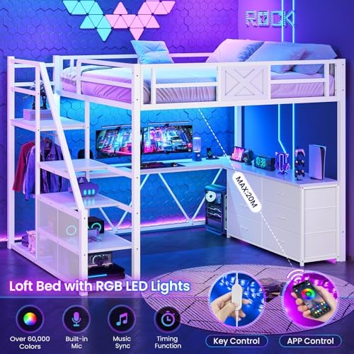 Itaar Full Size Loft Bed with Desk and Storage Stairs, Metal Loft Bed with 6 Storage Drawers, Hall Tree, LED Lights and Power Outlet, for Kids, Teens, Adults, (White, Full)