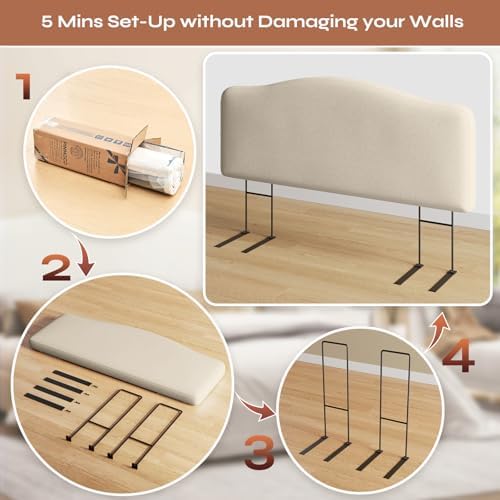 Pinmoco Queen Upholstered Headboard, Height Adjustable Velvet, Beige