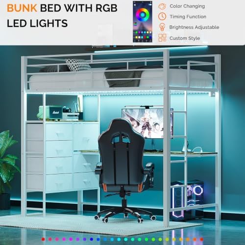 VINGLI Twin Gaming Loft Bed Frame with 7 Drawers and Desk,Metal Single High Sleeper with RGB LED Lights, 2 Built-in Power Outlets, 15” Extra-High Guardrails, Space-Saving Design,White