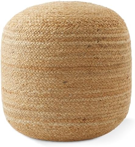 Casafield Hand-Braided Jute Pouf Ottoman Footrest, 18" W x 18" D x 18" H - Round, Natural Woven Boho Floor Cushion, Home Decor for Living Room
