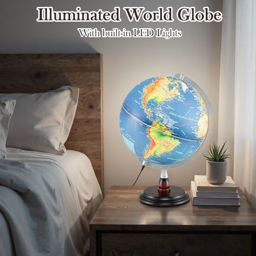 12" Illuminated World Globe, Desktop Globe with Raised Relief, LED Lights, Time Zone & Non-Slip Wooden Base, Geographic Terrain Globes for Decoration & Living Room (Navy)